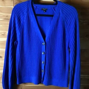 Talbots Cobalt Blue Crop Cardigan Sweater with Ribbed Knit Design